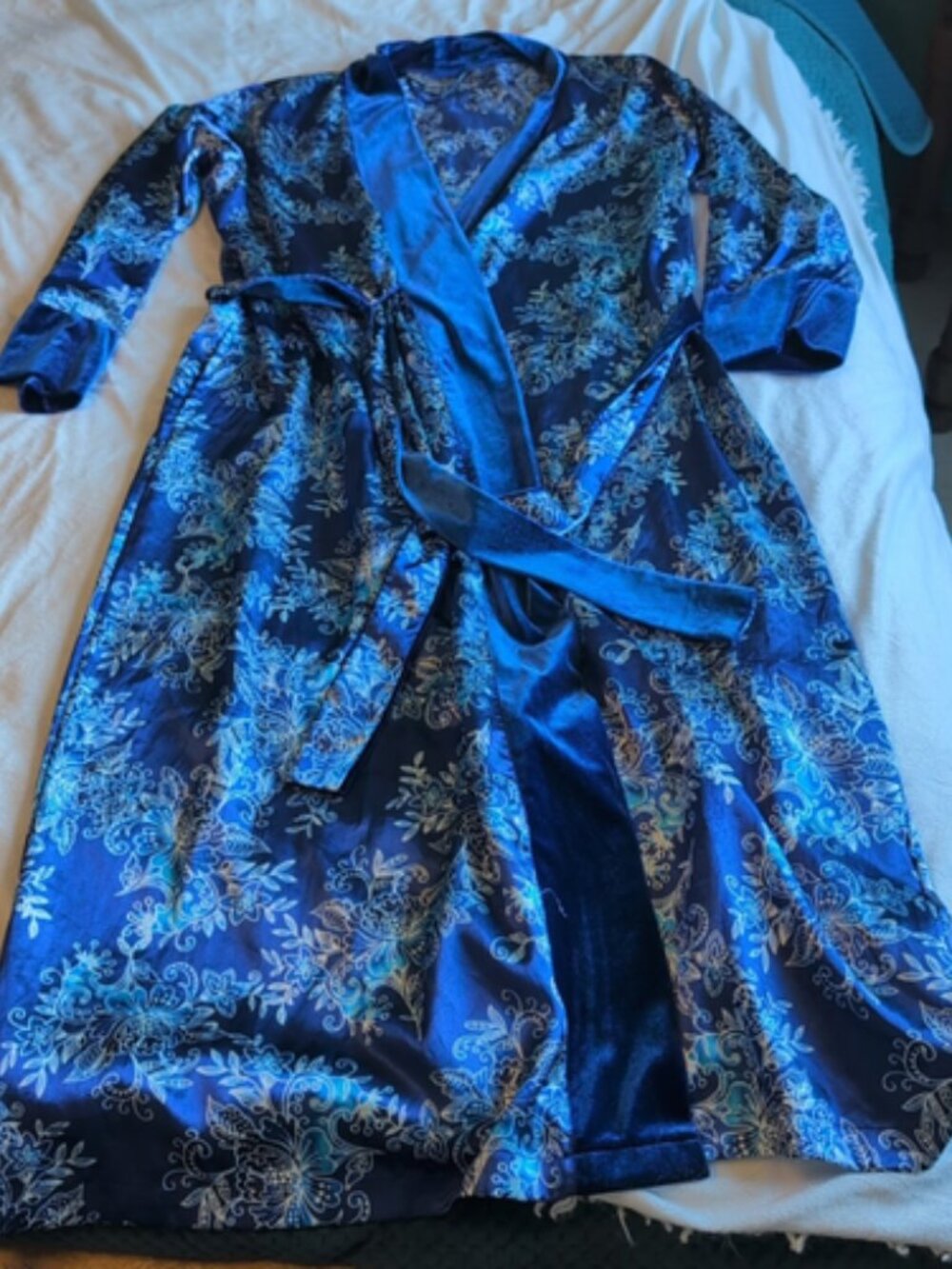Morgan Taylor Blue Floral Satin Robe L/XL 100% Polyester Silky Belted Pocket Vtg